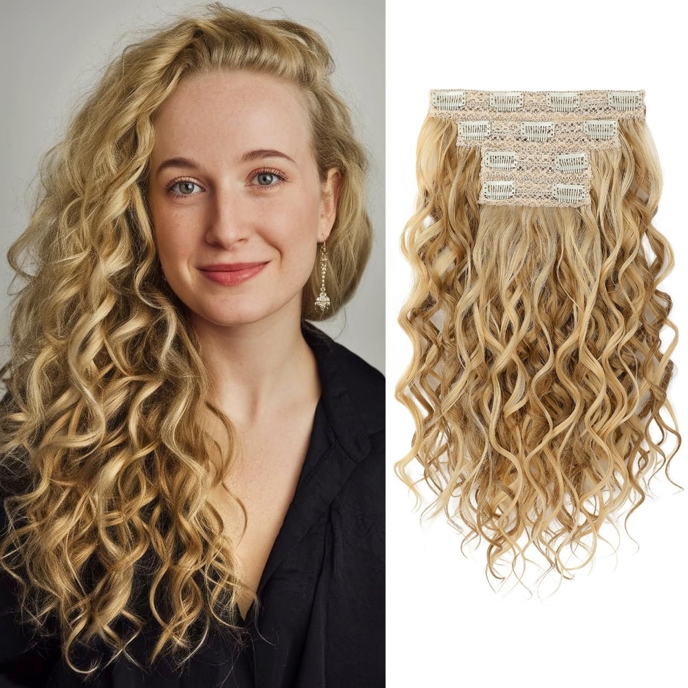 4PCS‎ 16” Curly Clip-In Hair Extensions – Dark Blonde , Soft & Natural